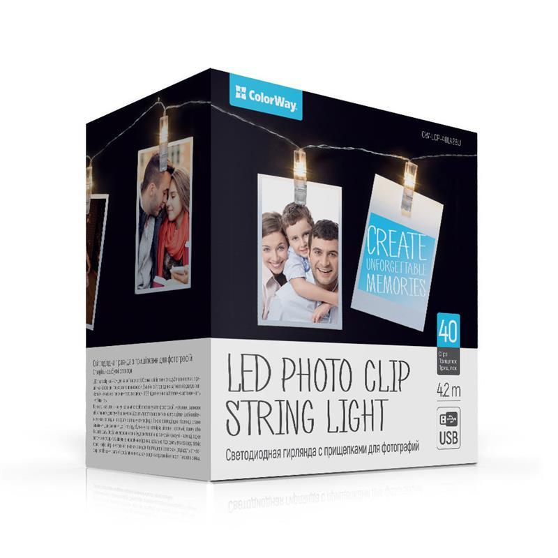 Світлодіодна гірлянда ColorWay (CW-LCP-40L42BU) 40 LED, 4.2 м, з прищіпками для фото, USB
