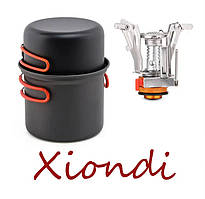 Набір туристичного посуду + пальник у чохлі Xiondi ER34. Туристичний набір з анодованого алюмінію