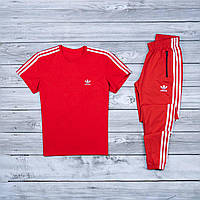 Мужской Спортивный Комплект Adidas (Адидас) Футболка+Спортивные Брюки в Красном Цвете