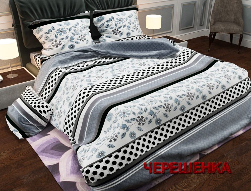 Тканина для постільної білизни Поліестер 75 PL2222 (60м) смужка та квітковий принт на сірому