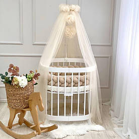 Балдахін на дитяче ліжечко з Помпонами крем, сіточка 1.65х9 метри