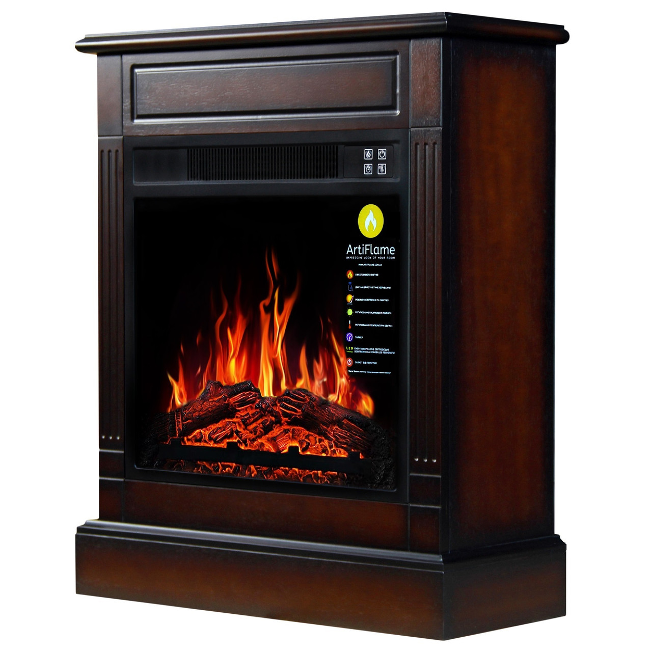 Підлоговий декоративний електрокамін з обігрівом, камінокомплект ArtiFlame SOFIA AF18 махагон коричневий антик
