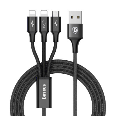 Кабель Baseus Rapid Series 3-in-1 Cable Micro+Dual Lightning 3A 1.2м, Black (CAMLL-SU01)