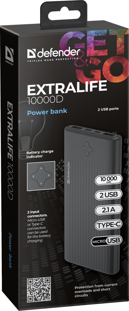 Зовнішній акумулятор Defender ExtraLife 10000D 10000mAh