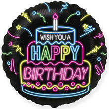 Фольгована кулька коло Wish you a Happy Birthday неон 18" Flexmetal