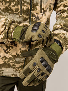 Тактичні рукавички Повнопалі кольору олива, з кастетом, шкіра і п/е, розміри L-XL