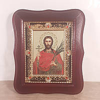 Икона Святой Великомученик Иоанн Сочавский, лик 10х12 см, в темном деревянном киоте с камнями