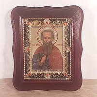 Икона Святой мученик Леонид, лик 10х12 см, в темном деревянном киоте с камнями