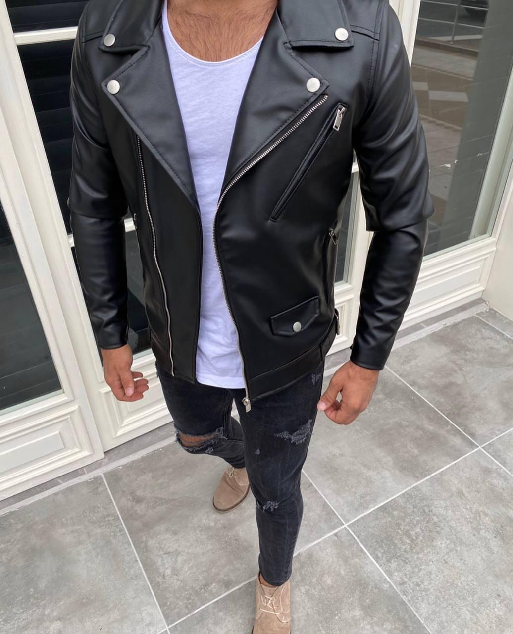 Чоловіча шкіряна куртка чорна шкіра на блискавці весна осінь косуха Туреччина преміум'якості, фото 1