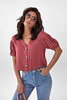Блуза с коротким рукавом на пуговицах - бордо цвет, S (есть размеры)