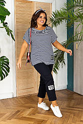 Літній костюм смугаста футболка довга з бавовни в комплекті з бриджами