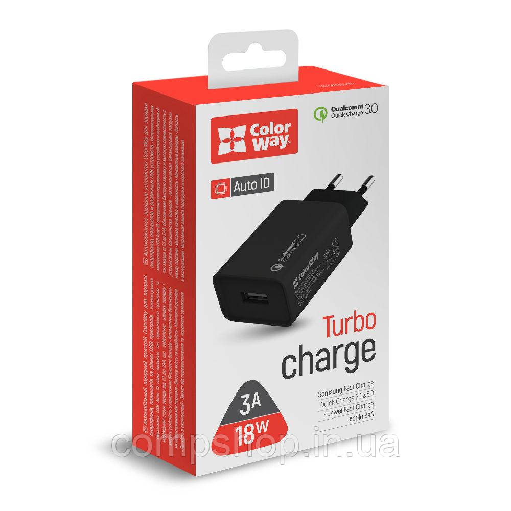Пристрій зарядний мережевий ColorWay 1USB Quick Charge 3.0 (18W) чорний (CW-CHS013Q-BK) (код 129011)