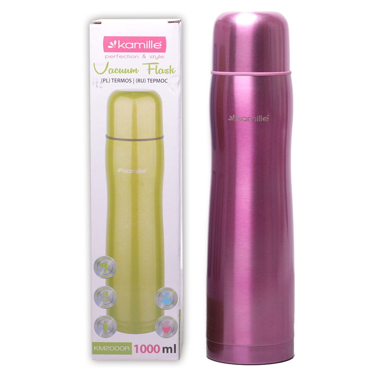 Термос рожевий питний з нержавіючої сталі 1000мл Kamille KM-2000A, фото 1