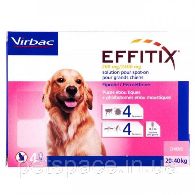 Краплі від бліх, кліщів та комарів Virbac Effitix L (Ефітікс Л для собак від 20-40кг) 1піпетка