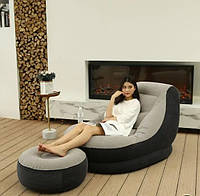 Надувне велюрове крісло з пуфом Intex надувний диван інтекс із пвх для дому