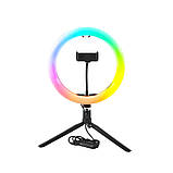 Al Кільцева світлодіодна лампа LED HQ-10RGB зі штативом та тримачем для телефону фото відеозйомки блогера, фото 2