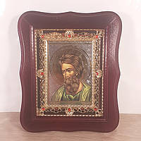 Икона Святой апостол Андрей Первозванный, лик 10х12 см, в темном деревянном киоте с камнями
