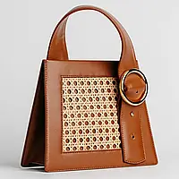 Каркасная коричневая сумка украшена декоративной вставкой и пряжкой