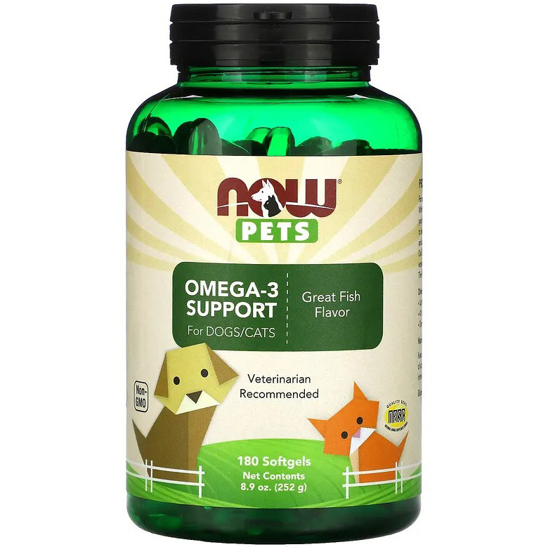 Омега-3 для собак і кішок NOW Foods, Pets "Omega-3 Support for Dogs/Cats" рибний смак (180 гелевих капсул)
