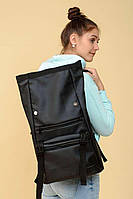 Черный молодежный рюкзак ролл-топ с внешним карманом