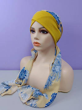 Чалма літня шапка 54-60 рр штапель на трикотажній пов'язці жовта з принтом  "Вуалька" натуральна тканина