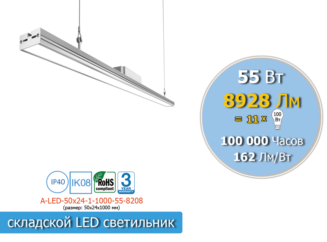 LED світильник промисловий 1000 мм, 55 Вт, 8928 Лм