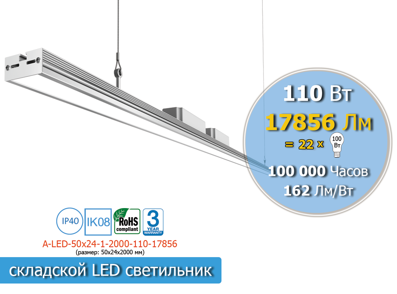 LED світильник промисловий 2000 мм, 110 Вт, 18756 Лм