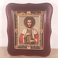 Икона святой благоверный князь Александр Невский, лик 10х12 см, в темном деревянном киоте с камнями