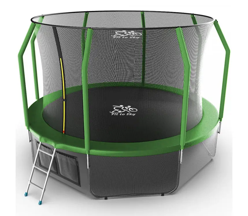 Батут FitToSky 374 см з внутрішньою сіткою та драбинкою зелений, фото 1