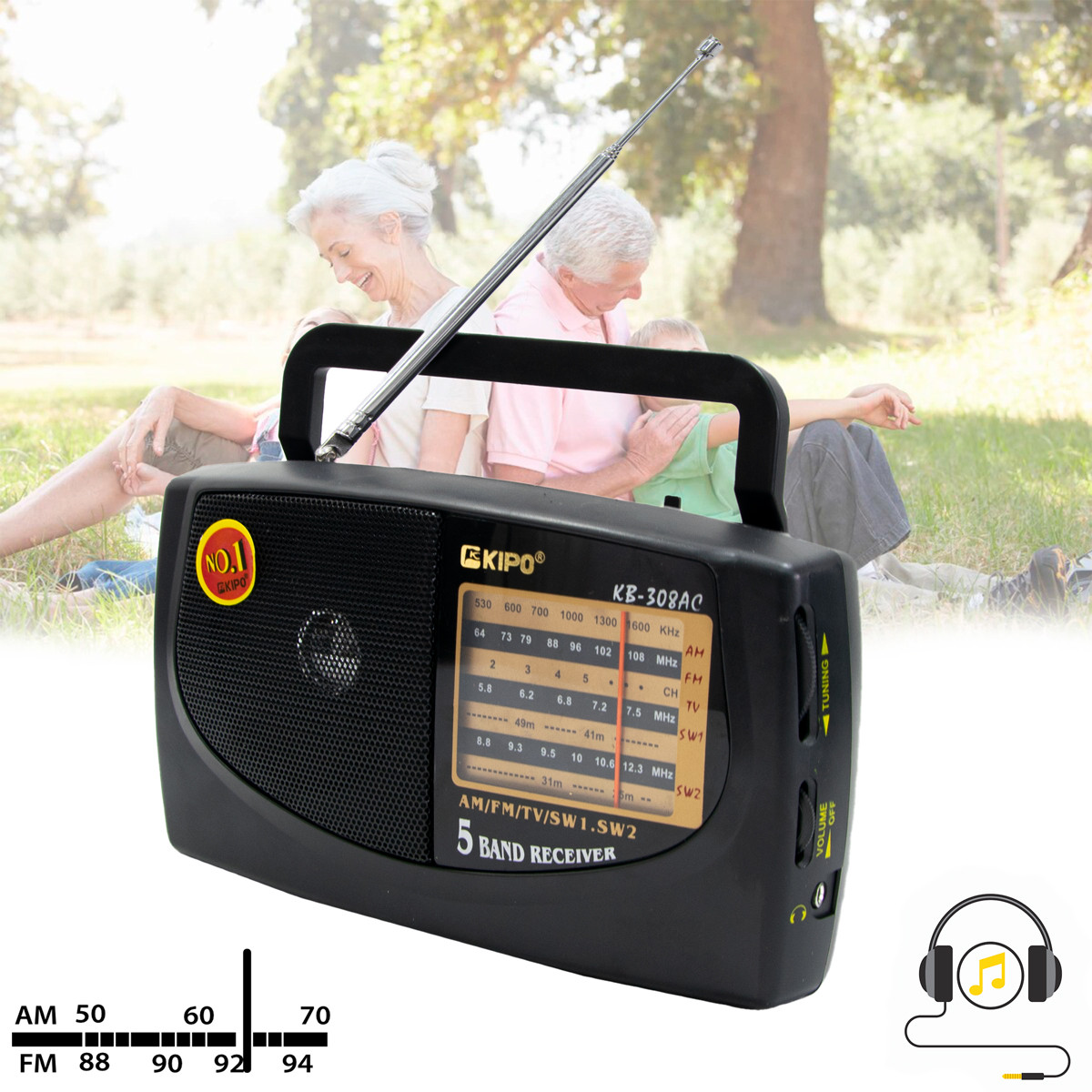 Міні радіоприймач FM/TV/AM/SW1-2 "Kipo KB-308AC", Чорний радіоприймач на кухню (радиоприемник фм)