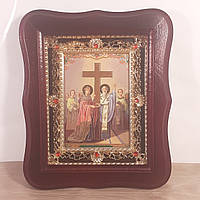 Икона Воздвижение Креста Господнего, лик 10х12 см, в темном деревянном киоте с камнями