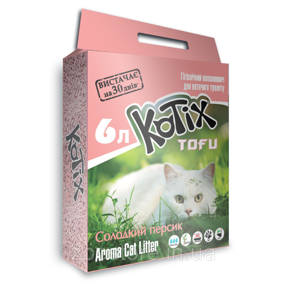 Наповнювач соєвий для кішок KOTIX TOFU Солодкий персик 6L