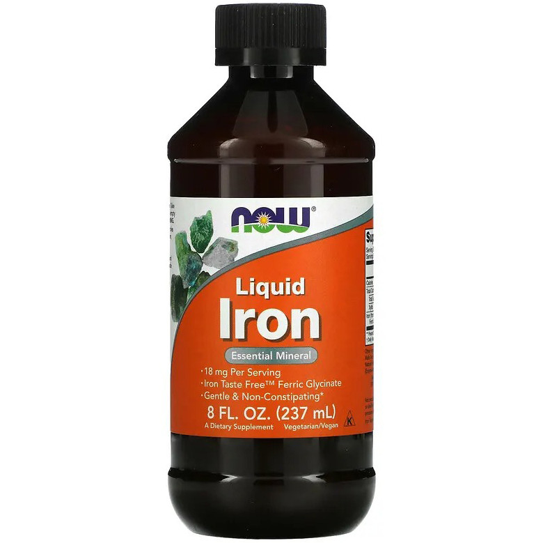 Рідке залізо NOW Foods "Iron Liquid" гліцинат заліза, без залізного присмаку (237 мл), фото 1