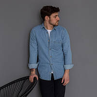 Плотная рубашка джинсовая мужская голубая на выпуск, модная рубашка светло синего цвета на футболку Турция