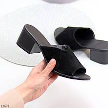 Лаконичные черные замшевые женские шлепки шлепанцы натуральная замша на каблуке (обувь женская)