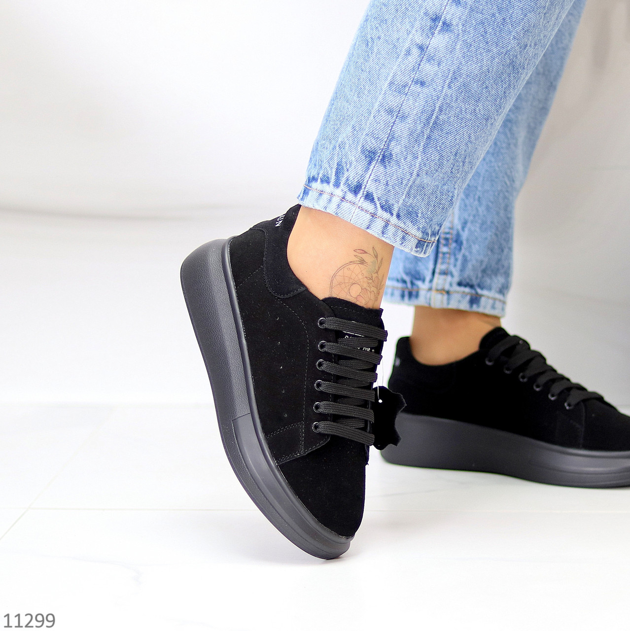 Модные черные замшевые женские кроссовки криперы натуральная замша (обувь женская)