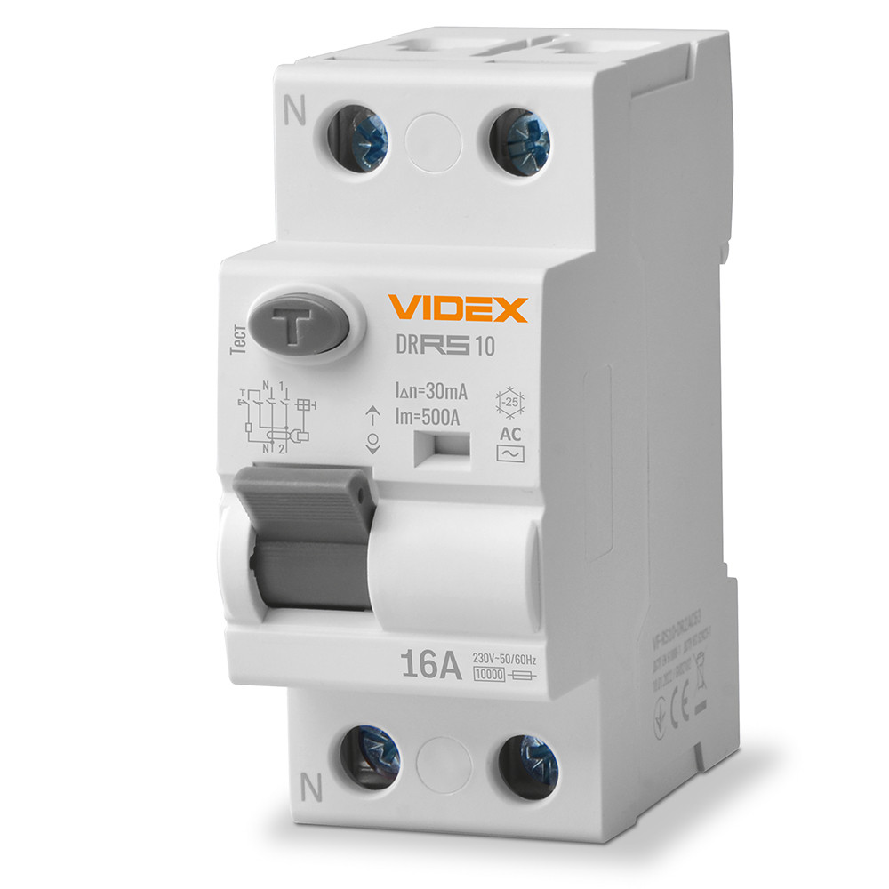 Диференційне реле Videx Resist АС 2п 30мА 10кА 16А VF-RS10-DR2AC16 27104