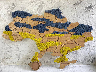 Мапа України на стіну з фанери та моху 1000х650, дуб золотий