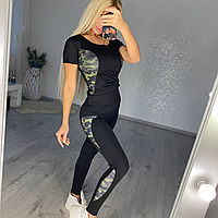 Женский спортивный комплект футболка и лосины для фитнеса камуфляж