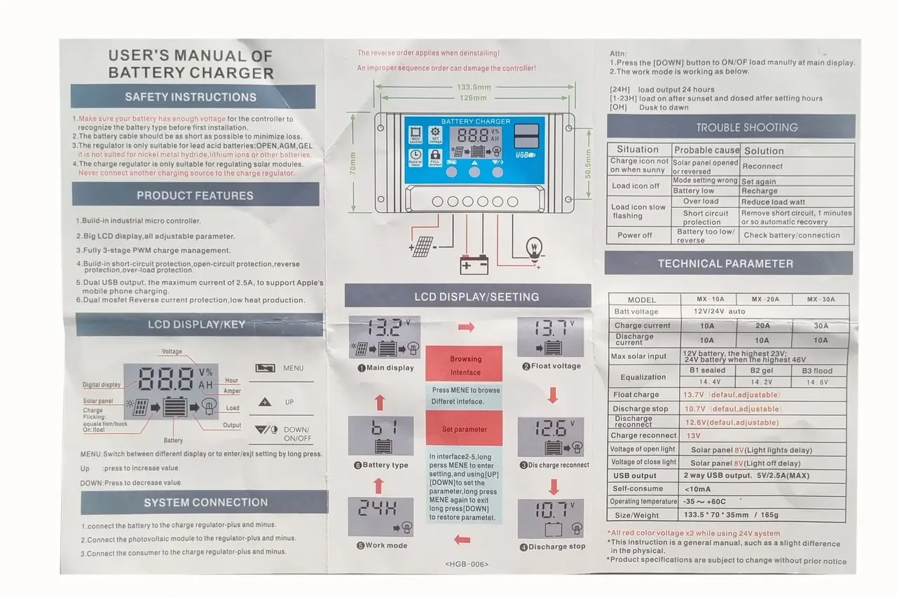 Контроллер заряда солнечных батарей с дисплеем и USB PWM, W88-C