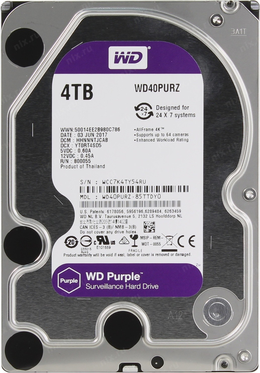 Жесткий диск Western Digital Purple 4TB 64MB 5400rpm WD40PURZ 6Gb/s