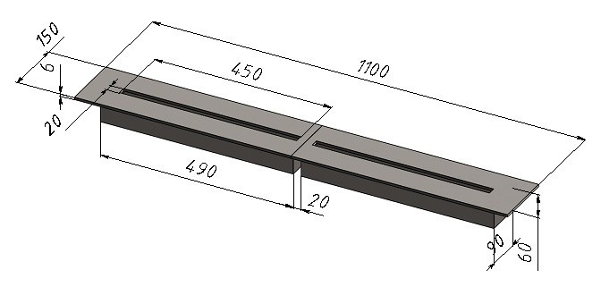 Пальник горілка для біокаміну лінія вогню 2*450 мм. Виготовим інші варіанти по Ваших проектах чи кресленнях