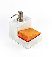 Дозатор для жидкого мыла и моющего с подставкой для губки белый, диспенсер настольный из камня для мочалки