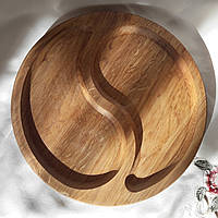 Менажница деревянная дубовая доска для подачи блюд круглая на 2 секции, двусторонняя