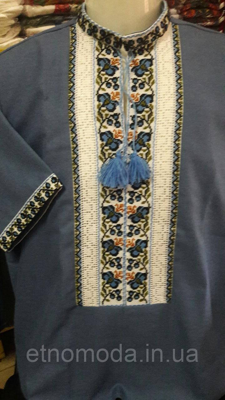 Вишинка чоловіча на синьому полотні онікс короткий рукав ручна