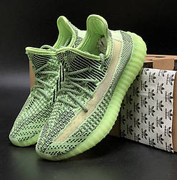 Жіночі чоловічі кросівки Adidas Yeezy Boost 350 сітка літо-весна-осінь рефлективні салатові. Живе фото