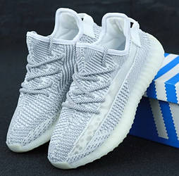 Жіночі чоловічі кросівки Adidas Yeezy Boost 350 сітка літо-весна-осінь рефлективні білі. Живе фото