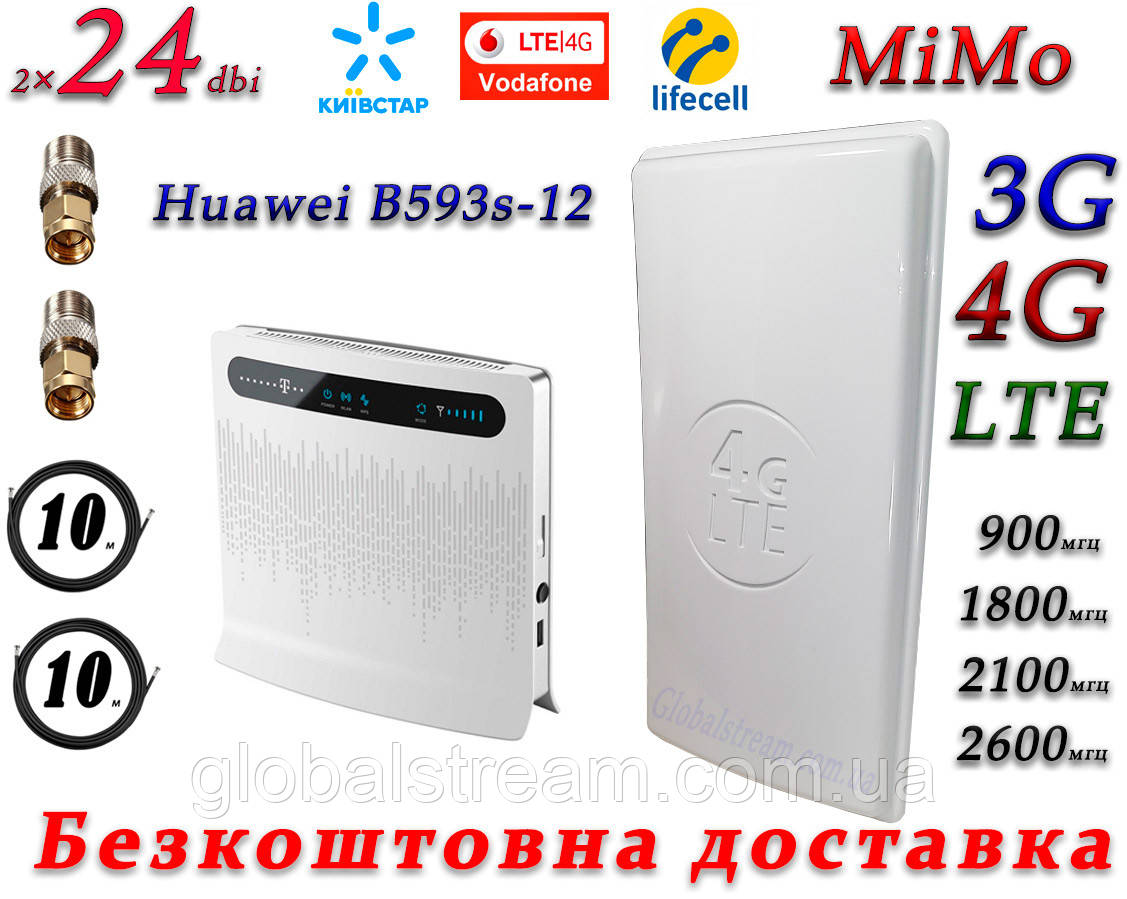 Повний комплект для 4G/LTE/3G WiFi Роутер Huawei B593u-12 + Антена планшетна MIMO 2×24dbi (48дб)698-2690МГц