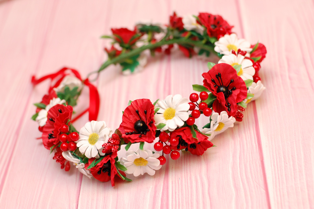 Вінок для волосся / віночок на голову Okl з маками та ромашками під вишиванку 549, фото 1