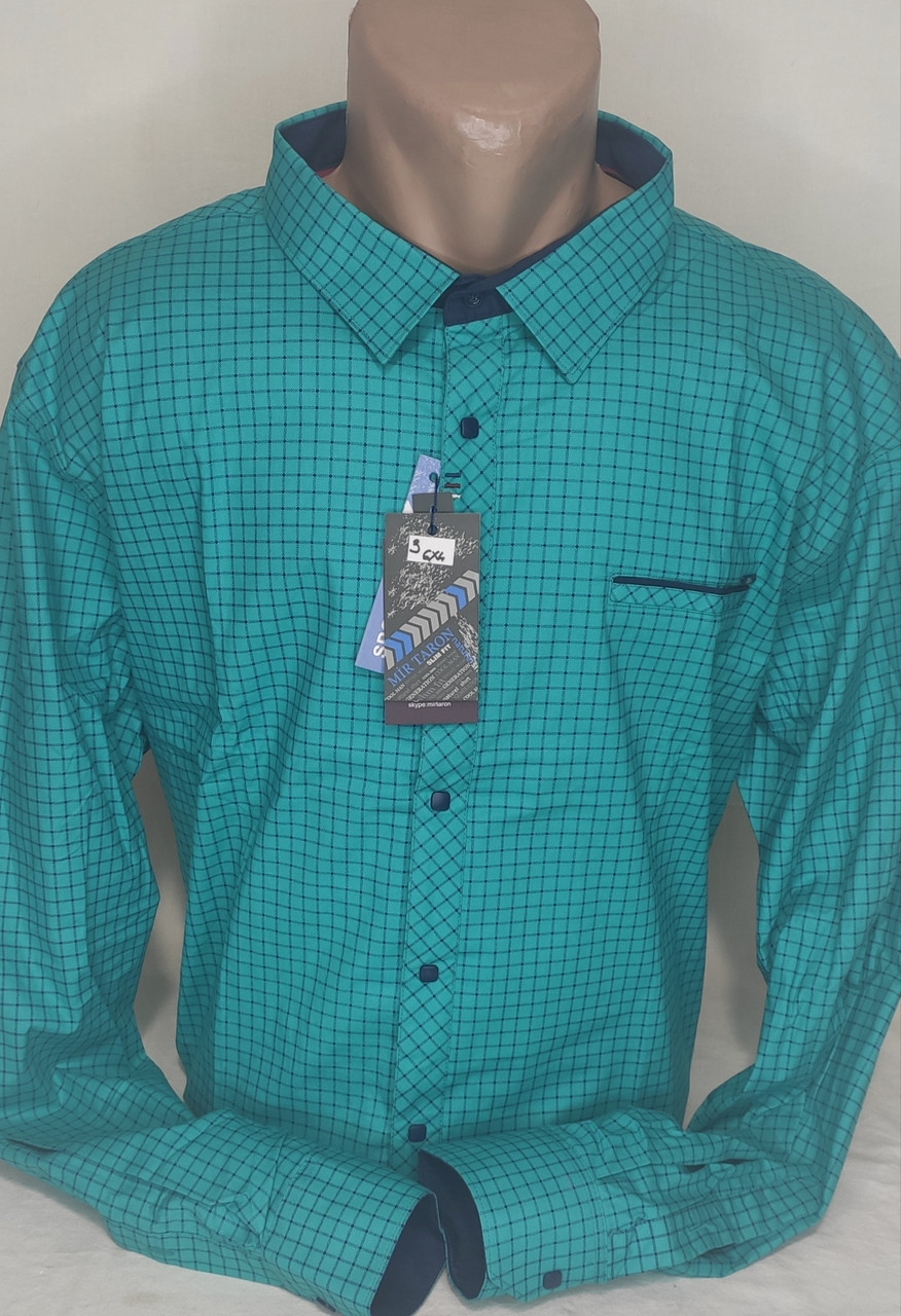 Сорочка чоловіча Mir Taron vd-0003 бірюзово-синя батальна в клітку стрейч коттон Туреччина з довгим рукавом